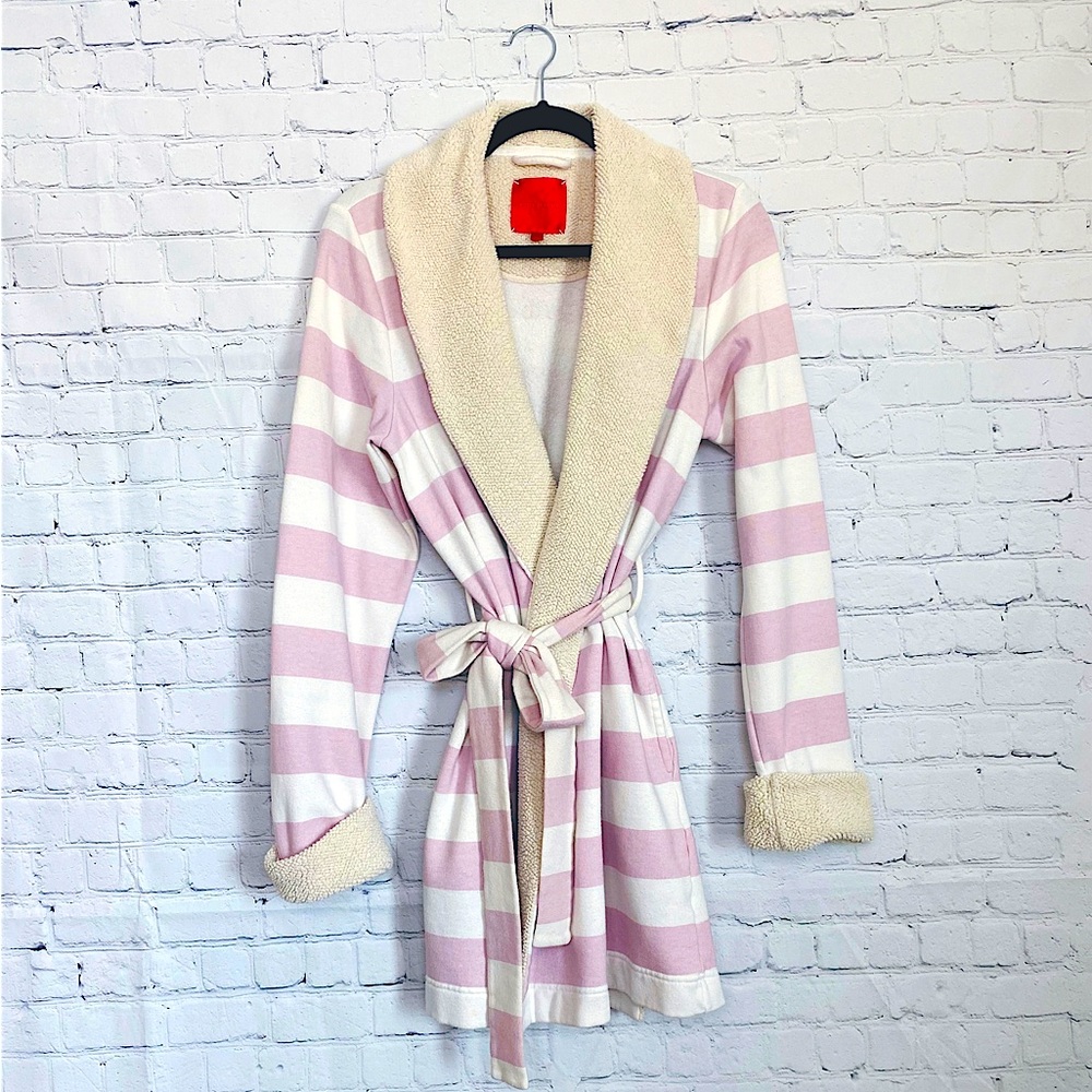 Victoria’s Secret Pink and White Striped Fuzzy Robe MEDIUM Pajama Sherpa EUC